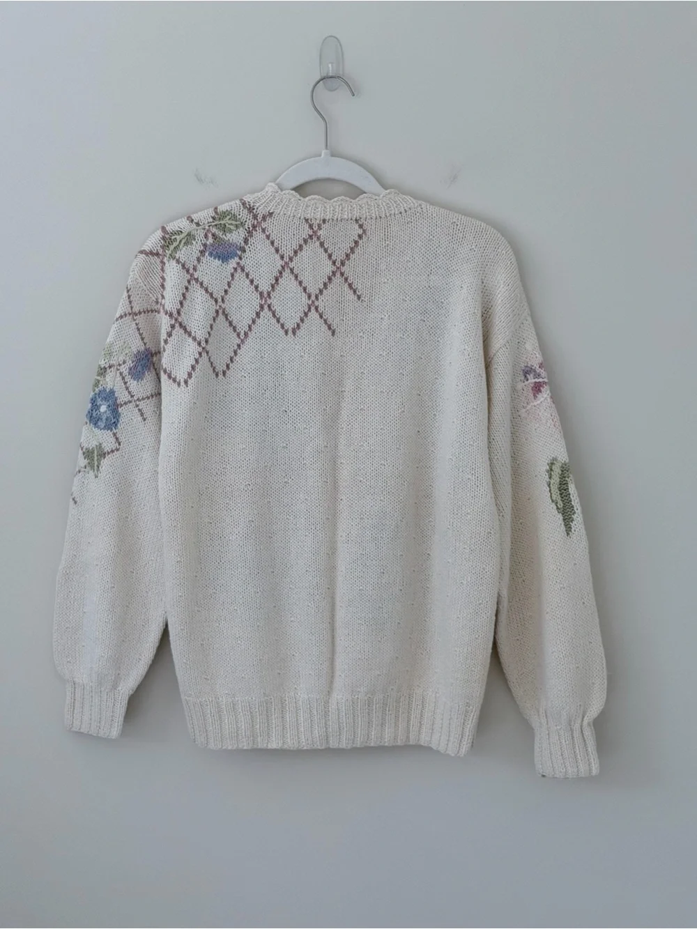 Vintage Hand Knit Floral Cottagecore Cardigan Cream Embroidered Sweater